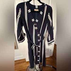 Frances Austen Navy Striped 100% Silk Shirt Dress, size Small